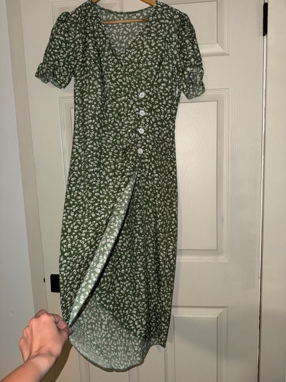 Green Floral Midi Dress with Buttons - Picture 3 of 4